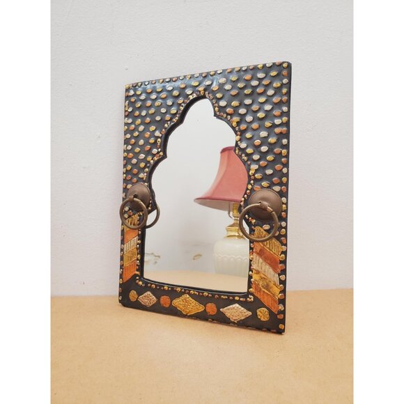 Vintage Moroccan Wall Hanging Mirror Brass Copper Silver Metal Glass One-Off - Picture 2 of 10